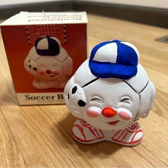 Vintage Soccer Ball Bank Ceramic Astra 1987 Sock it To Em Novelty Blue White - Picture 2 of 7